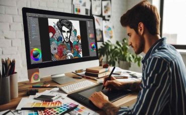 Student creating a logo using Adobe Software on a desktop