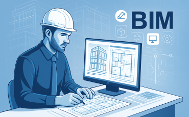 Digital graphic representing AI-driven blog writing and Building Information Modeling (BIM) concepts