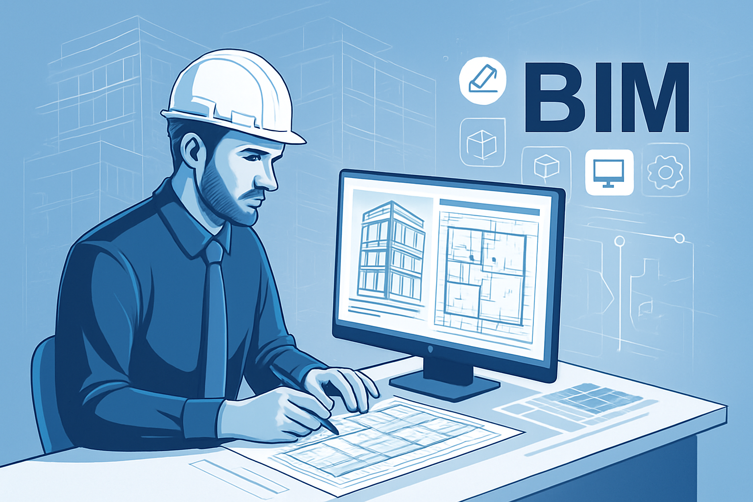 Digital graphic representing AI-driven blog writing and Building Information Modeling (BIM) concepts