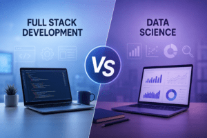 Full Stack Development and Data Science career comparison with coding and analytics workspace