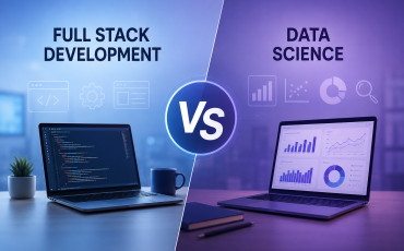 Full Stack Development and Data Science career comparison with coding and analytics workspace