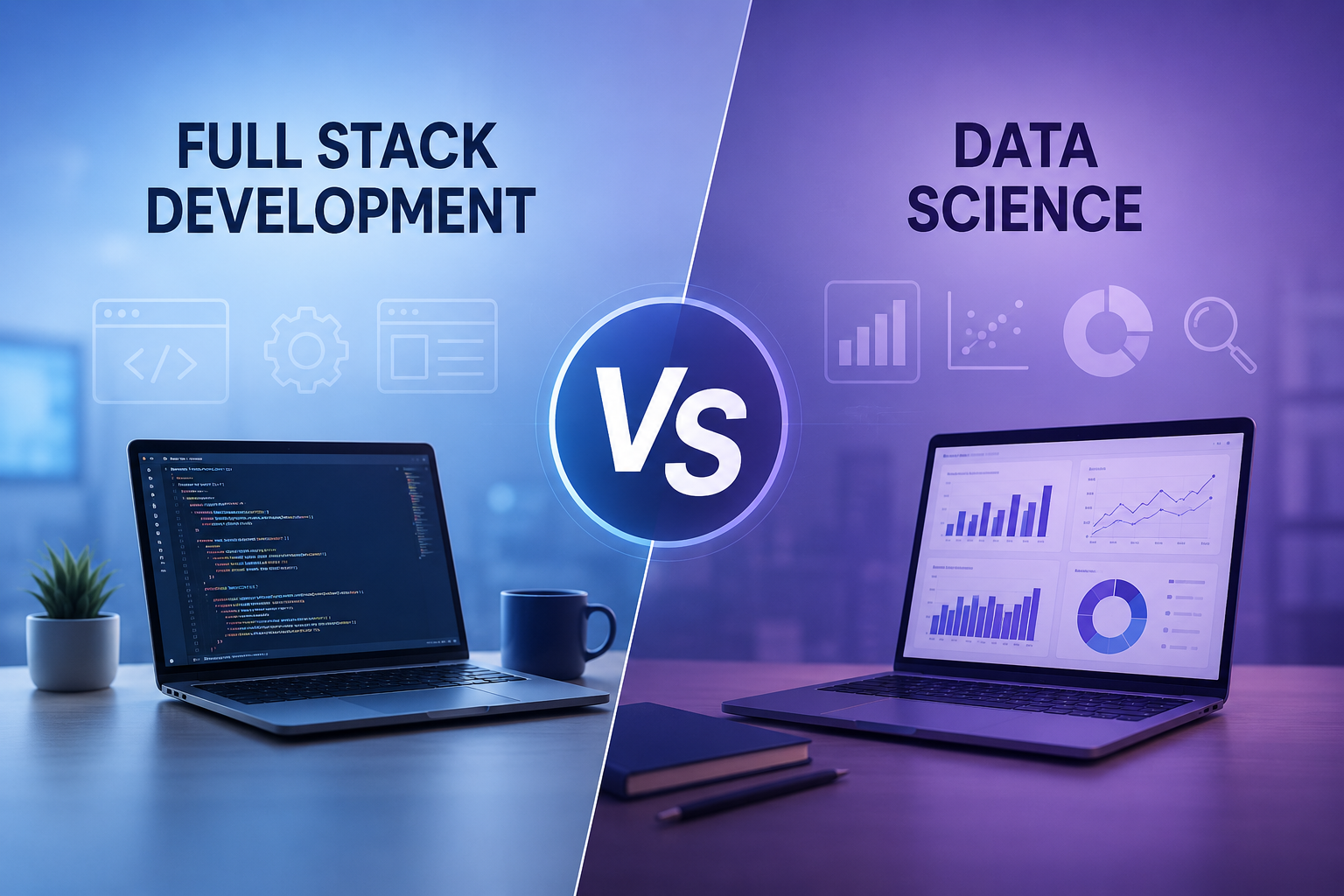 Full Stack Development and Data Science career comparison with coding and analytics workspace