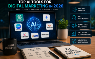 AI digital marketing tools workspace with SEO, content creation, and social media marketing concepts