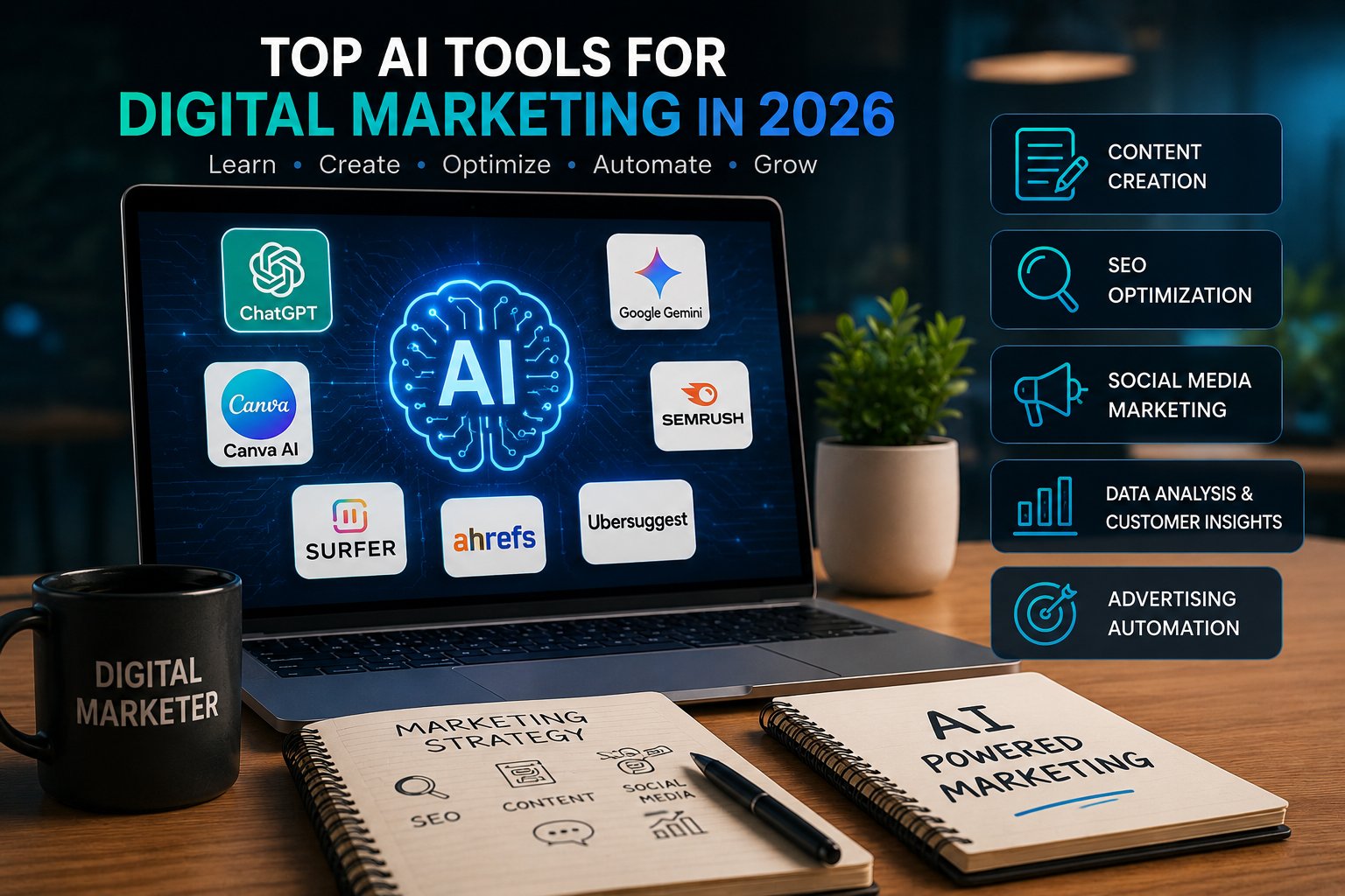 AI digital marketing tools workspace with SEO, content creation, and social media marketing concepts