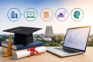 Government approved career training concept with certification, technology, and professional education workspace