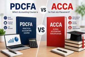 PDCFA vs ACCA comparison image showing practical accounting course and global accounting qualification for commerce students