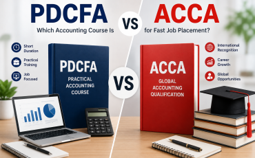 PDCFA vs ACCA comparison image showing practical accounting course and global accounting qualification for commerce students