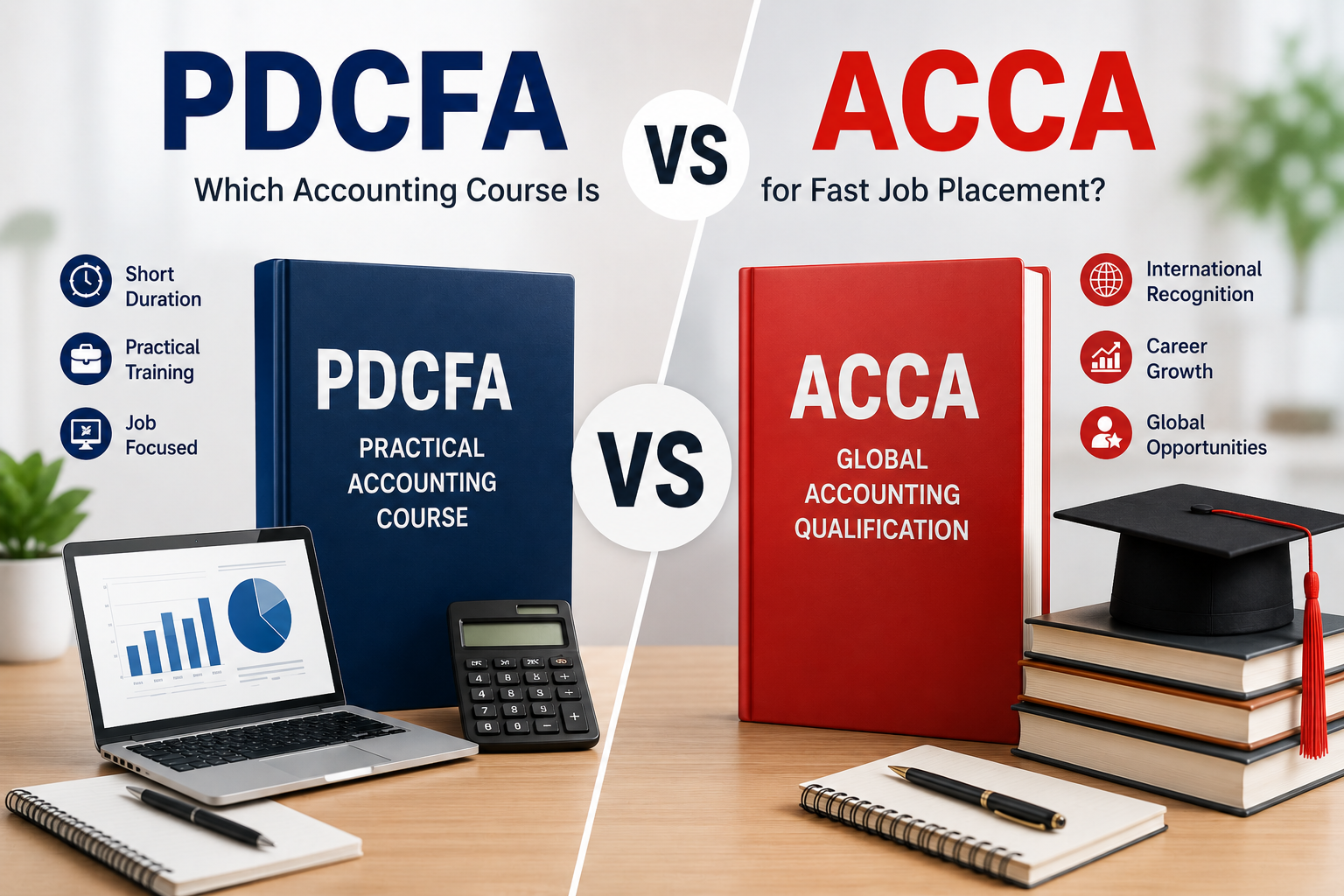 PDCFA vs ACCA comparison image showing practical accounting course and global accounting qualification for commerce students